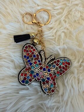 Butterfly Multicolor Bag Charm / Keychain Rhinestone Tassel Gold Hardware NWOT